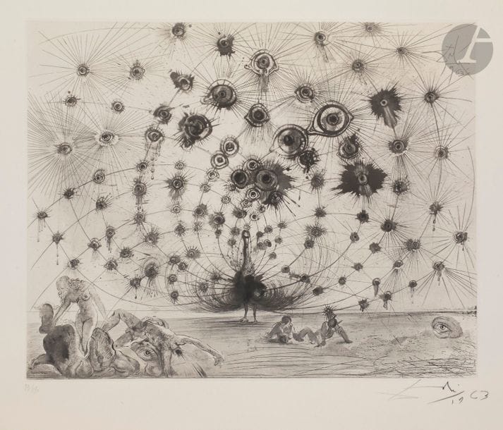 Salvador DALÍ (1904-1989
)Argus (suite "Mythology
", pl. 1), 1963Héliogravure and drypoint.
 Proof on vellum, numbered, signed and dated in pencil. Edition of 150
 proofs. Argillet éd.

 clear trace of oxidation at the

 edges of the sheet.

 56

,5 x 75,5 cmBibliography : 
Michler and Löpsinger 116
.