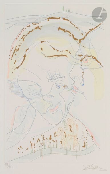 Salvador DALÍ (1904-1989)
Les Yeux de colombe de l’épouse (« Le Cantique des Cantiques », pl. 5), 1971
Eau-forte et pochoir en couleurs et or.
Épreuve sur vélin, numérotée et revêtue d’une signature au crayon. Tirage à 250 épreuves.
Infimes taches d’encre au bord droit.
57 x 37,5 cm

Bibliographie : 
Michler et Löpsinger 472.