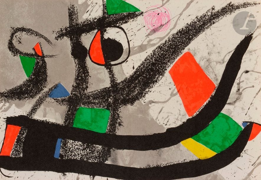 Joan MIRó [catalan] (1893-1983)
Barcelona II et III, 1975 - Ocella, 1978 - Vol espacial, 1979
Lithographie en couleurs.
4 épreuves sur vélin fort, du tirage pour des catalogues de la galerie Maeght, avec pli vertical médian normal. Maeght éd., Barcelone. 
Chaque :
32 x 47 cm

Bibliographie : 
Maeght 994, 995, 1157, 1187.