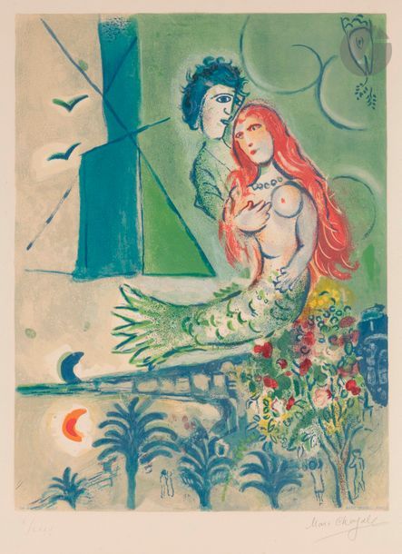 Marc CHAGALL (1887-1985) (after
)La Sirène au
 poète, 1967Lithograph

 in colours by

 Sorlier.

 Proof on vellum, numbered in roman numerals and signed in pencil by the artist. Edition of 75

 proofs. A

 few scattered light f

oxes.

 73.5 x 52.5 cm

.
