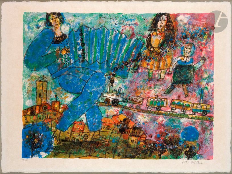 Théo TOBIASSE (1927-2012)
L’Accordéoniste de mon enfance, 1973
Lithographie en couleurs.
Épreuve sur japon nacré, numérotée et signée au crayon. Tirage à 175 épreuves.
Cadre (avec certificat de l’artiste signé au verso).
57,5 x 77,2 cm