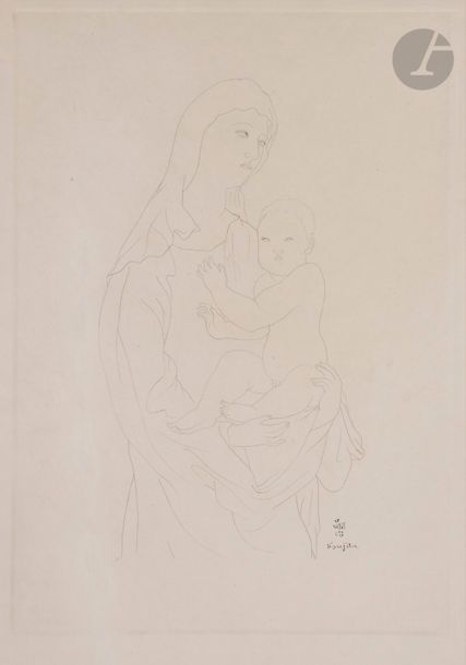 Léonard Tsuguharu FOUJITA [French naturalized Japanese] (1886-1968) (after)Maternity, 1924Héliogravure.
 Proof
 on japanese.

 Traces of glue on the reverse. Vertical whitish rubbing mark visible on the front across the shee

t

 on the left. 51.5 x 39 cmBibliography: 
Buisson 24.143
.