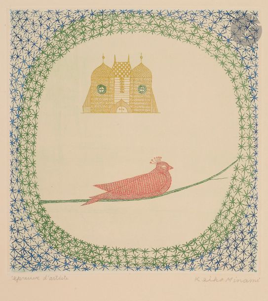 Keiko MINAMI [japonaise] (1911-2004)
Saint-Denis-le-Fermant, 1965
Eau-forte en couleurs.
Épreuve sur vélin, justifiée « épreuve d’artiste » et signée au crayon. Berggruen éd.
Semis de petites rousseurs au verso.
56,3 x 38 cm

Bibliographie : 
Chuokoron 103.