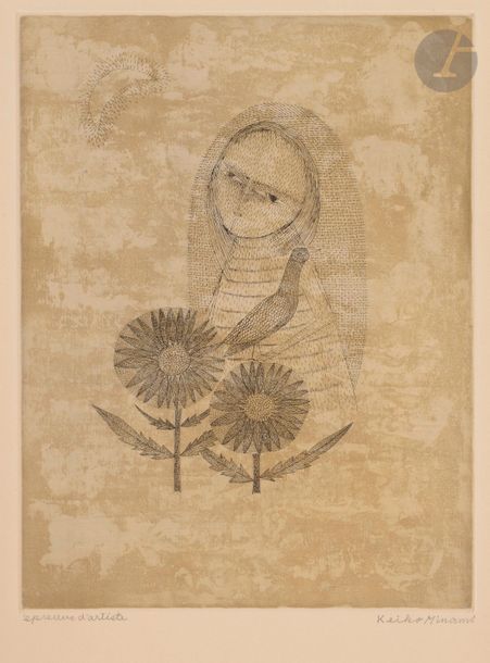 Keiko MINAMI [japonaise] (1911-2004)
Jeune fille, oiseau et tournesols
Eau-forte et aquatinte en couleurs.
Épreuve sur vélin, justifiée « épreuve d’artiste » et signée au crayon.
56 x 37,5 cm