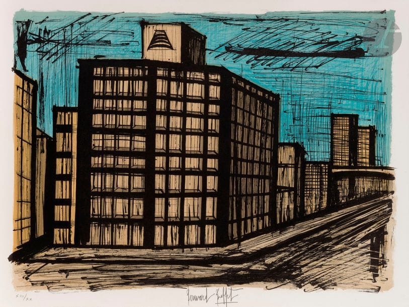 Bernard BUFFET (1928-1999)
La Banque Sigura (pl. pour « Le Voyage au Japon »), 1981
Lithographie en couleurs.
Épreuve sur vélin, l’une des 20 numérotées en chiffres romains, signée au crayon. Tirage total à 200 épreuves. A. G. Mazo éd.
53,3 x 71 cm

Bibliographie : 
Sorlier 376.