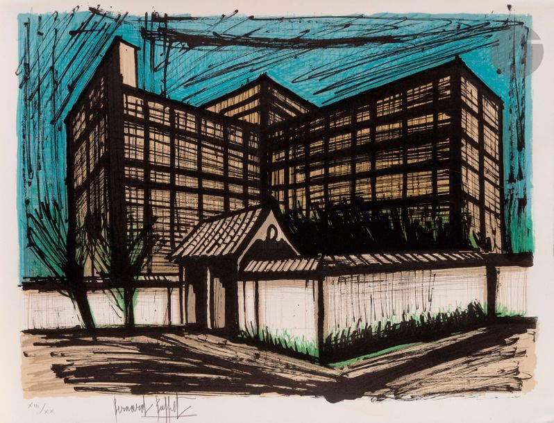 Bernard BUFFET (1928-1999)
L’Hôtel Fujita à Kyoto (pl. pour « Le Voyage au Japon »), 1981
Lithographie en couleurs.
Épreuve sur vélin, l’une des 20 numérotées en chiffres romains et signées au crayon. Tirage total à 200 épreuves. A. G. Mazo éd.
Auréole claire d’humidité en pied.
53,3 x 71 cm

Bibliographie : 
Sorlier 380.