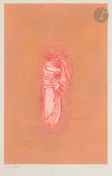 Abdallah BENANTEUR [algérien] (1931-2017)
Jeune fille
Eau-forte et aquatinte en couleurs.
Épreuve sur vergé, titrée, numérotée et signée au crayon. Tirage à 20 épreuves.
Reste d’onglet et épidermures en tête au verso. Traces de plis et légers frottements en surface.
50 x 32,5 cm