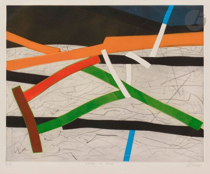 Bertrand DORNY (1931-2015)
Lumière du Nord, 1986
Eau-forte, aquatinte et pointe sèche en couleurs sur zincs découpés.
Épreuve sur vélin, numérotée, titrée et signée au crayon. Tirage à 30 épreuves. La Hune éd.
56 x 75,7 cm