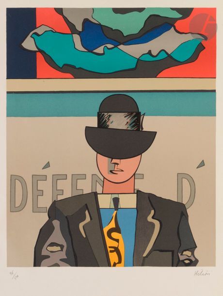Jean HÉLION (1904-1987)
L’Homme au chapeau melon (affiche pour une exposition de l’artiste au Grand Palais, 1970-1971)
Lithographie en couleurs.
L’une des 500 épreuves avant lettre sur vélin, numérotée et signée au crayon.
76 x 53,2 cm