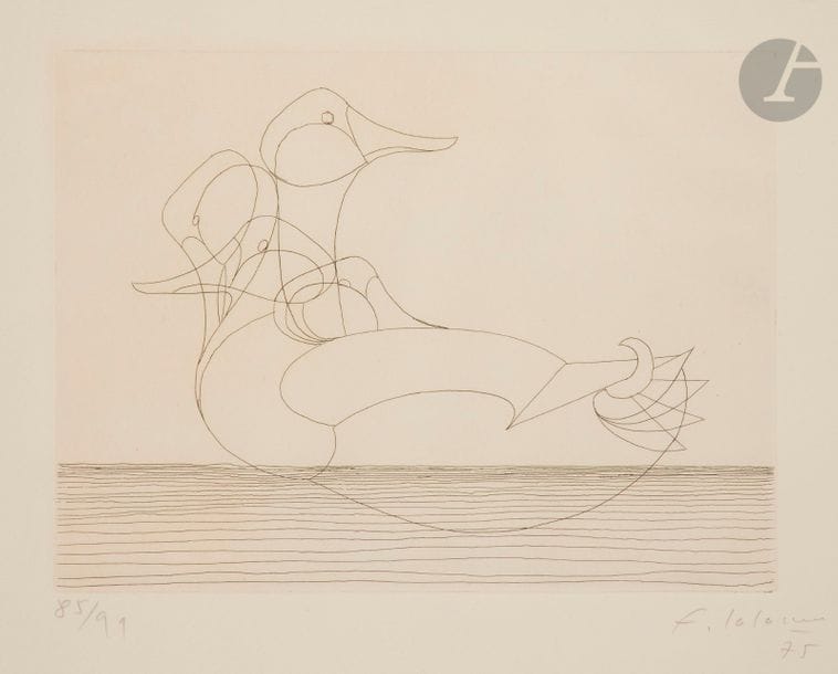 François-Xavier LALANNE 
(1924-2008)
Canard, 1975
Eau-forte.
Épreuve sur vélin, numérotée, signée, datée au crayon. Tirage à 99 épreuves.
Cadre.
À vue : 34 x 52 cm