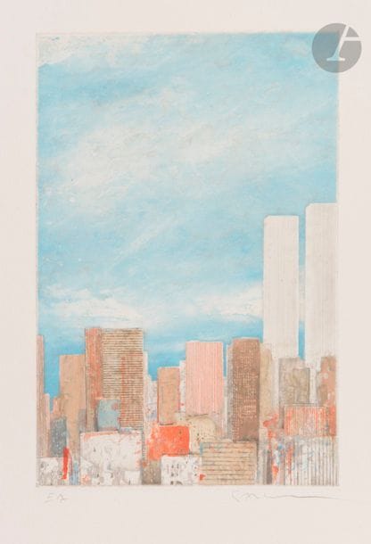 Gottfried SALZMANN [autrichien] 
(né en 1943)
New York, Twin Towers, vers 1988
Eau-forte et aquatinte en couleurs.
Épreuve sur vélin, justifiée « EA » et signée au crayon.
54 x 40 cm