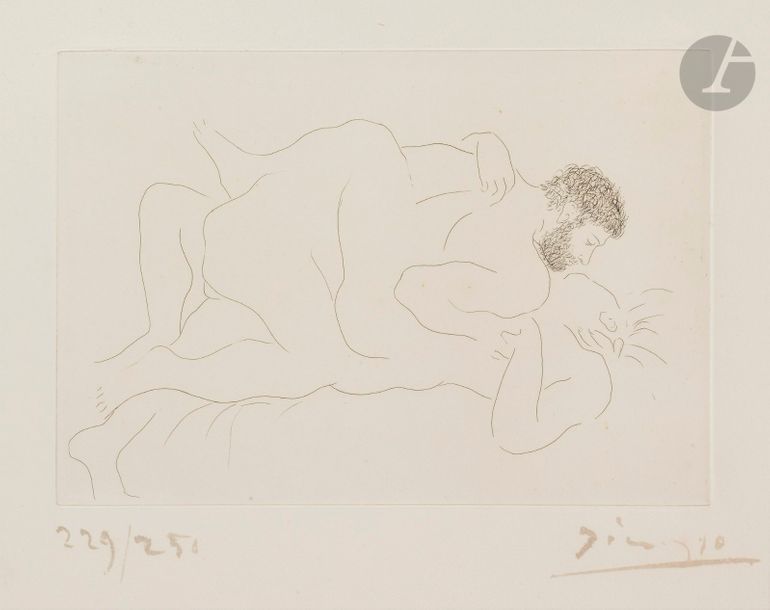Pablo PICASSO (1881-1973)
Homme et femme, 1927
Eau-forte.
Épreuve sur vélin blanc fort, numérotée et signée au pinceau et à l’encre grise. Tirage à 250 épreuves. A. Vollard éd. 
Quelques points de rouille. Légère oxydation aux bords du feuillet.
45 x 58 cm

Bibliographie : 
Bloch 77 ; Baer 118 b 2.