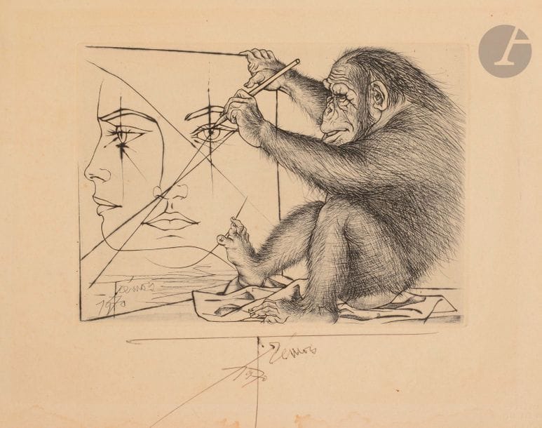 Pierre-Yves TRÉMOIS (né en 1921)
Le Chimpanzé artiste, 1970
Pointe sèche.
Épreuve sur vélin, signée et datée au stylo-bille.
Petites auréoles brunâtres d’humidité en pied.
23,3 x 30 cm
