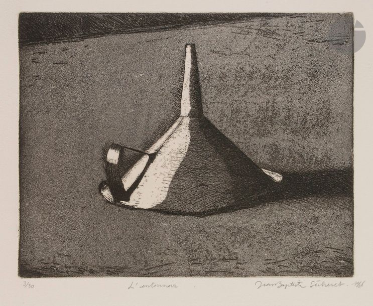 Jean-Baptiste SÉCHERET (né en 1957)
L’Entonnoir, 1986
Eau-forte et aquatinte.
Épreuve sur vélin, numérotée, titrée, signée et datée au crayon. Tirage à 30 épreuves.
32,5 x 46 cm

Bibliographie : 
Plumart G 24.