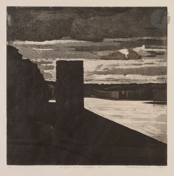 Jean-Baptiste SÉCHERET (né en 1957)
Le Grand Canal - Versailles II, 1996
Eau-forte et aquatinte.
Épreuve sur vergé mince blanc, numérotée, titrée, signée et datée au crayon. Tirage à 50 épreuves.
49,8 x 42,8 cm

Bibliographie : 
Plumart G 70.