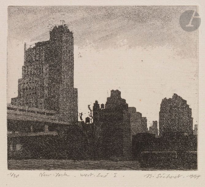 Jean-Baptiste SÉCHERET (b. 1957
)New
 York, West End I, 1997Eau-forte et aquatinte.
 Proof on vergé de Montval, numbered, titled, signed and dated in pencil. Edition o

f
 30 proofs. 25.8 x 33 cmBibliography : 
Plumart G 80
.