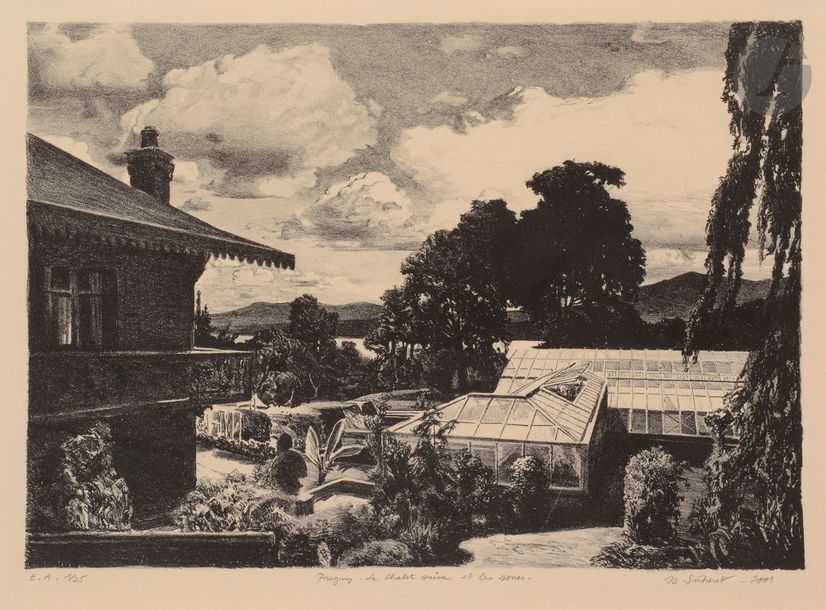 Jean-Baptiste SÉCHERET (né en 1957)
Pregny - Le chalet suisse et les serres.
Lithographie.
L’une des 25 épreuves d’artiste sur vélin ivoire, justifiée « E.A. », numérotée, titrée, signée et datée au crayon. Tirage définitif à 60 épreuves. Fondation pour l’art M. et N. de Rothschild éd.
40 x 53,5 cm

Bibliographie : 
Plumart L 180.