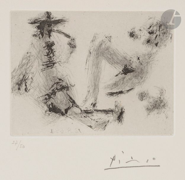 Pablo PICASSO (1881-1973
)Man with pipe, naked young woman and small dog (series "Les 347" ,
 pl. 170), 12 August 1968A

 sugar

 and sandpaper agate.

 Proof on vellum, numbered and signed in pencil. Edition of 50 proofs. Galler

y

 L. Leiris ed. 25 x 32.5 cmBibliography: 
Bloch 1750; Baer 1767 B b.
