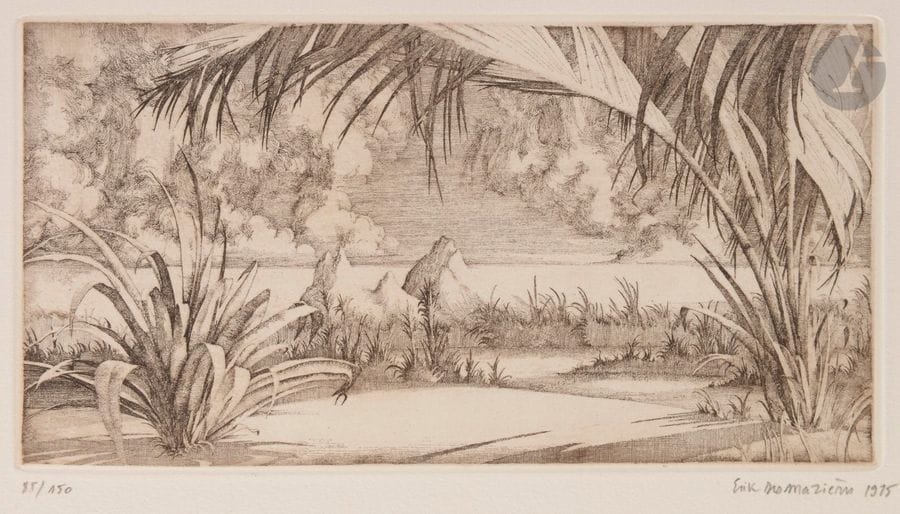 Érik DESMAZIèRES (b. 1948
)Paysage de l'Île Maurice (greetings card for Mr.
 and Mrs. Merllié), 1975Eau-forte.
 Proof on vellum, numbered, signed and dated in pencil. Edition o

f
 150 proofs. 16.7 x 25 cmBibliography : 
Fitch 19
.