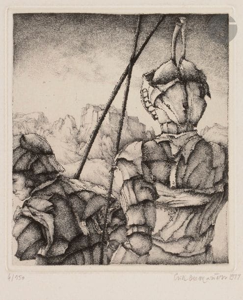 Érik DESMAZIèRES (b. 1948)Two warriors, 1977Eau-forte.
 Proof on vellum, numbered, signed and dated in pencil. Edition of
 150 proofs.

 Small trace of oxidized glu

e

 on the reverse. 32.8 x 25 cmBibliography : 
Fitch 26
.