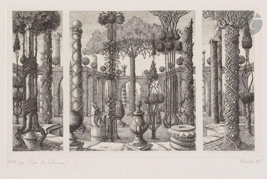 François HOUTIN (né en 1950)
Cour des colonnes, 1985
Eau-forte.
Épreuve sur vélin, numérotée en chiffres romains, titrée, signée et datée au crayon.
25 x 33 cm
