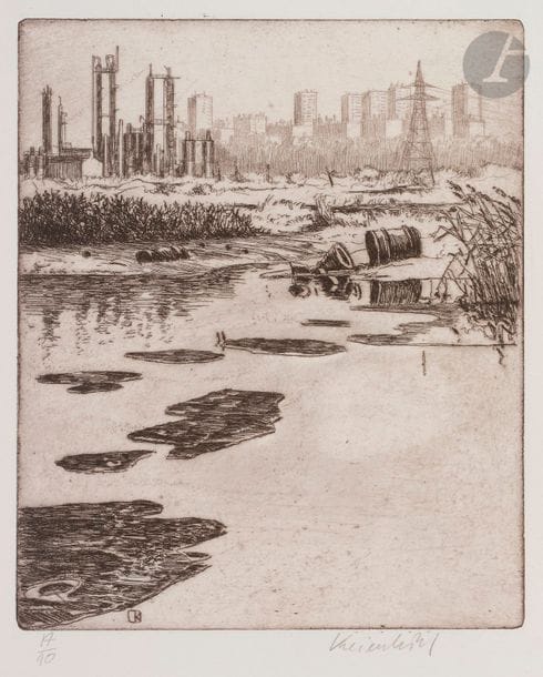 Jürg KREIENBÜHL (1932-2007)
Etang pollué et ville du Havre, 1972
Eau-forte et pointe sèche sur zinc.
Épreuve sur vélin, numérotée et signée au crayon. Tirage à 45 épreuves.
45 x 37,5 cm

Bibliographie : 
Plumart G 52.