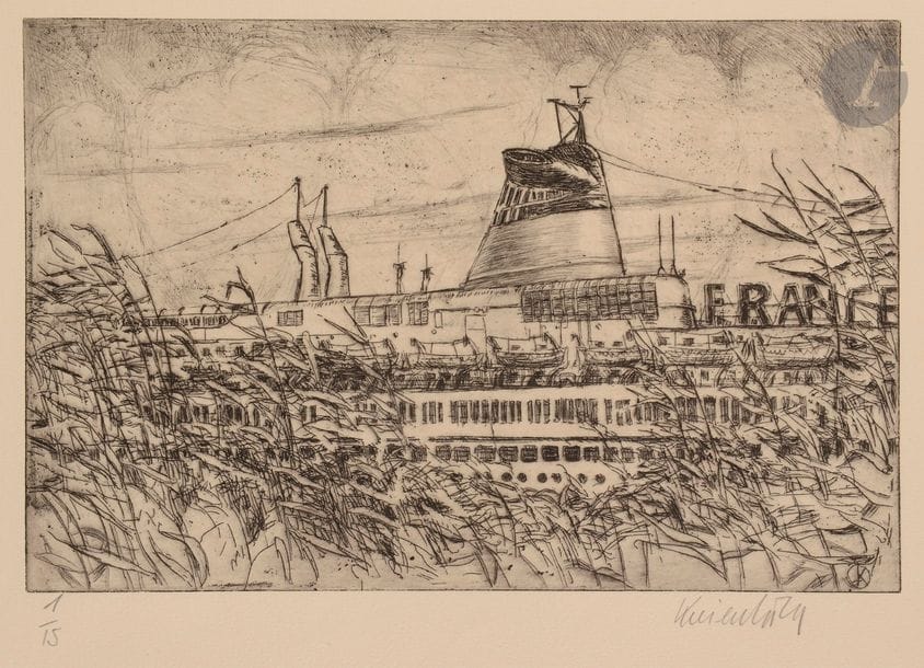 Jürg KREIENBÜHL (1932-2007)
La Cheminée du France
Eau-forte et pointe sèche sur zinc.
Épreuve sur vélin ivoire, numérotée et signée au crayon. Tirage à 15 épreuves.
32,5 x 41 cm

Bibliographie : 
Plumart G 100.
