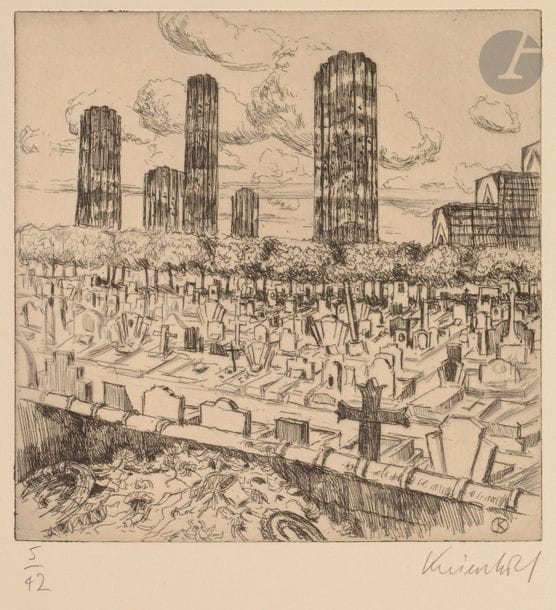 Jürg KREIENBÜHL (1932-2007)
Cimetière de Neuilly I, 1980
Eau-forte et pointe sèche sur laiton.
Épreuve sur vélin ivoire, numérotée et signée au crayon. Tirage à 42 épreuves.
30 x 28 cm

Bibliographie : 
Plumart G 163.