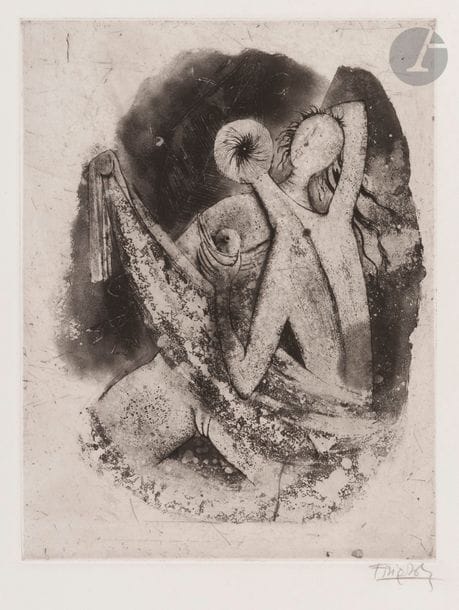 Johnny FRIEDLAENDER (1912-1989
)Couple IV, V and VI,
 1949-1950Eau-forte

 and aquatint, one with

 bistre

 background tint

.

 3 proofs on vellum, signed in pencil, from the

 1967

 print made by Touchstone, New York


.
51 x 34 cm

