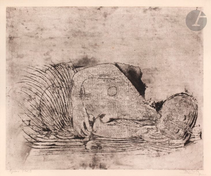 Johnny FRIEDLAENDER (1912-1989)
Femme endormie, 1956
Eau-forte et aquatinte.
Épreuve sur vélin, justifiée « Epreuve d’Artiste » et signée au crayon. 
Collée par de petits morceaux d’adhésif sur bristol.
50 x 65,5 cm

Bibliographie : 
Schmücking 153.