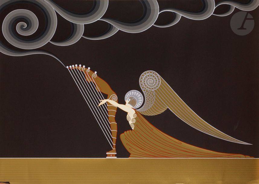 ERTÉ (Romain de Tirtoff, dit) (1892-1990)
Ange et femme harpe, vers 1980
Sérigraphie en couleurs.
Épreuve sur vélin noir, signée à la craie blanche. 
Longue déchirure en tête pénétrant dans le sujet. Accidents avec petits manques le long du bord inférieur.
68 x 96,5 cm