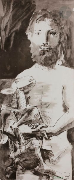 Pablo PICASSO (1881-1973) (d’après) 
L’Homme au mouton, 1967
Lithographie (procédé Jacomet).
Épreuve sur vélin, la signature imprimée en vert au pochoir, du tirage à part pour l’ouvrage La Flûte double. Paris, Au Vent d’Arles éd.
Cadre.
96 x 41 cm