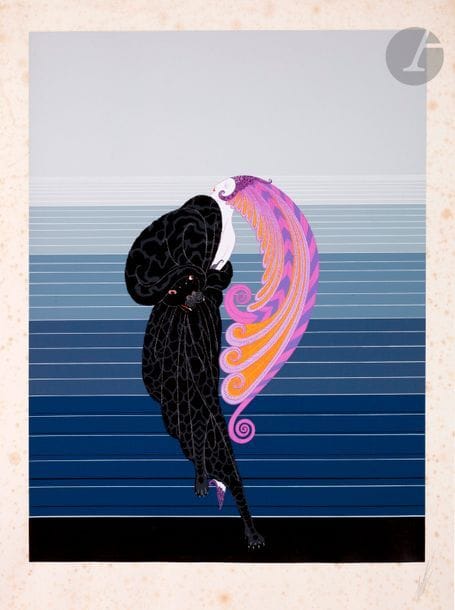 ERTÉ (Romain de Tirtoff dit) (1892-1990)
Beauty and the Beast (La Belle et la Bête), vers 1980
Sérigraphie en couleurs.
Épreuve sur vélin, signée au crayon. Timbre de la succession R. de Tirtoff (1990) au verso (transparaissant légèrement au recto). 
Rousseurs éparses et forte oxydation du feuillet. Petites épidermures et restes d’adhésif en tête au verso.
62,5 x 54,5 cm