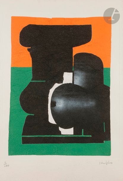 Ladislas KIJNO (1921-2012)
Hommage à Noa Noa de Gauguin, III
Lithographie sur papier froissé en couleurs.
Épreuve collée sur vélin fort texturé, numérotée et signée au crayon. Tirage à 100 épreuves. 
Cadre.
70 x 55 cm
