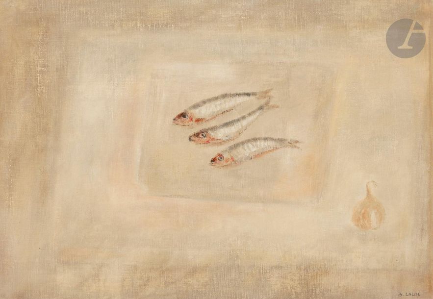 Béatrix LALOE (née en 1956)
Les Trois sardines, 1997
Huile sur toile.
Signée en bas à droite.
50 x 73 cm