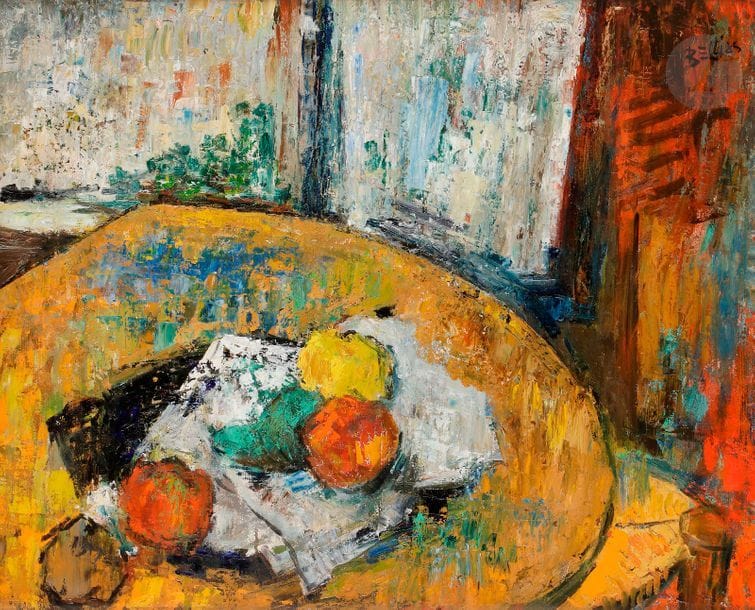 Richard BELLIAS (1921-1974)
Fruits devant la fenêtre, 1959
Huile sur toile.
Signée en haut à droite.
Titrée au dos.
65 x 81 cm