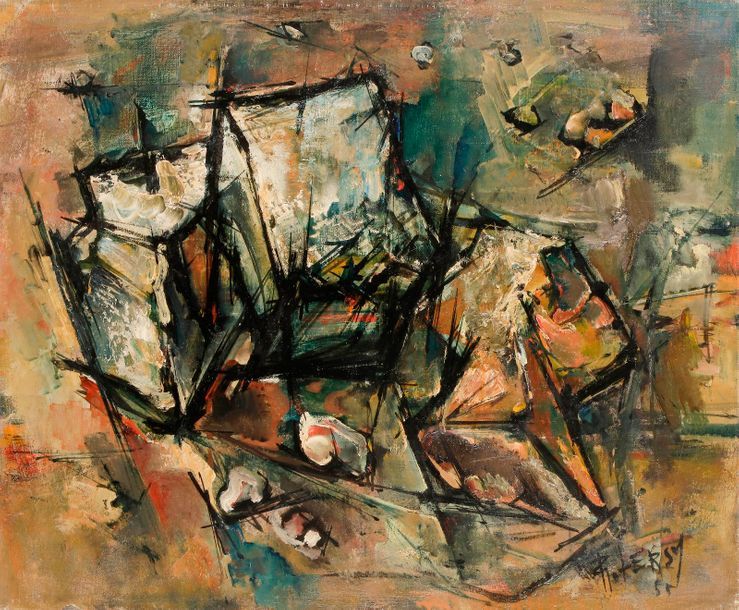 Roger LERSY (1920-2004)
Les Papiers, 1955
Huile sur toile.
Signée et datée en bas à droite.
60 x 73 cm