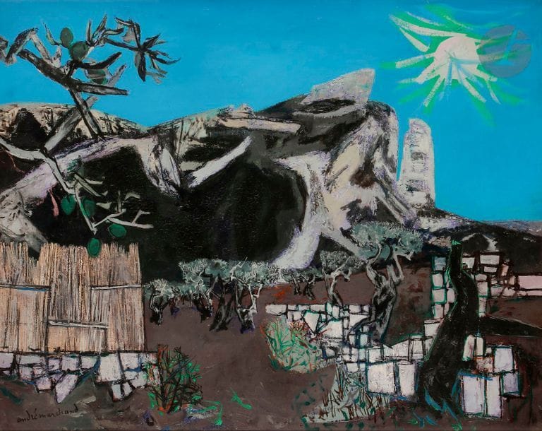 André MARCHAND (1907-1997)
Paysage à Fontvieille, 1942
Huile sur toile.
Signée en bas à gauche.
65 x 81 cm

Expositions : 
- Cent tableaux par André Marchand, Galerie Charpentier, Paris, 1956 (étiquette au dos).
- André Marchand, le chef d’œuvre inconnu, Musée Estrine, Saint-Remy-de Provence, septembre-novembre 2007, n° 37, reproduit au catalogue.
- Résonances Art moderne – Art primitif, Galerie Florence-Basset, Flassans, 9 juin- 25 juillet 2014, n° 35.