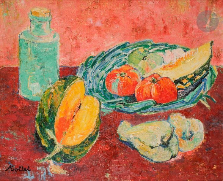 Yvonne MOTTET
(1906-1968)
Nature morte, 1955
Huile sur toile.
Signée en bas à gauche.
Signée et datée au dos.
60 x 73 cm

Provenance : 
Collection Wildenstein, Paris.