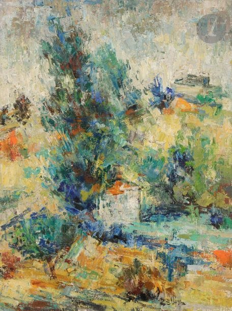 Richard BELLIAS (1921-1974)
La Cabane, 1961
Huile sur toile.
Signée en bas à droite.
Datée et titrée au dos.
81 x 60 cm