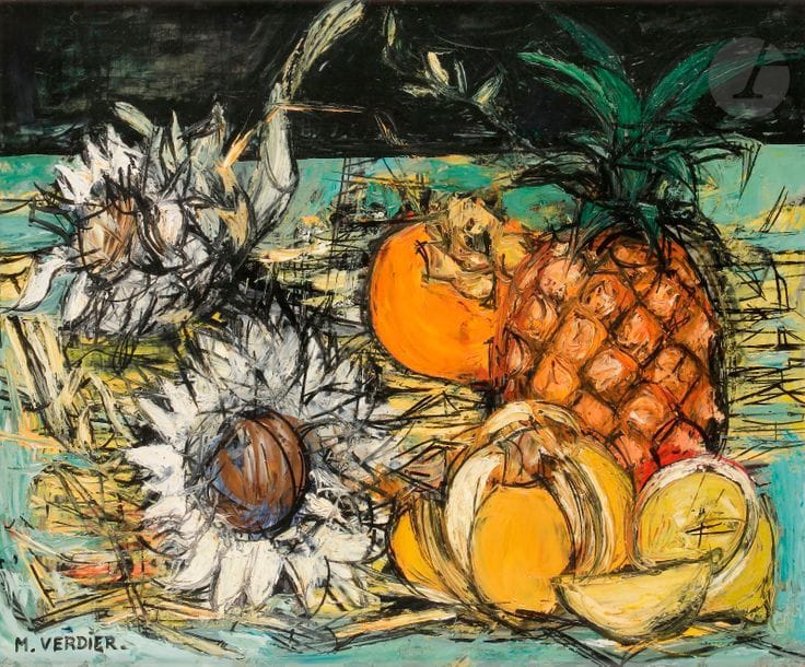 Maurice VERDIER (1919-2003)
Ananas et kaki, 1959
Huile sur toile.
Signée en bas à gauche.
Signée et titrée au dos.
50 x 61 cm