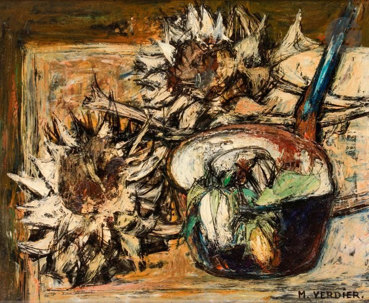 Maurice VERDIER (1919-2003)
La Casserole bleue, 1959
Huile sur toile.
Signée en bas à droite.
Signée et titrée au dos.
50 x 61 cm