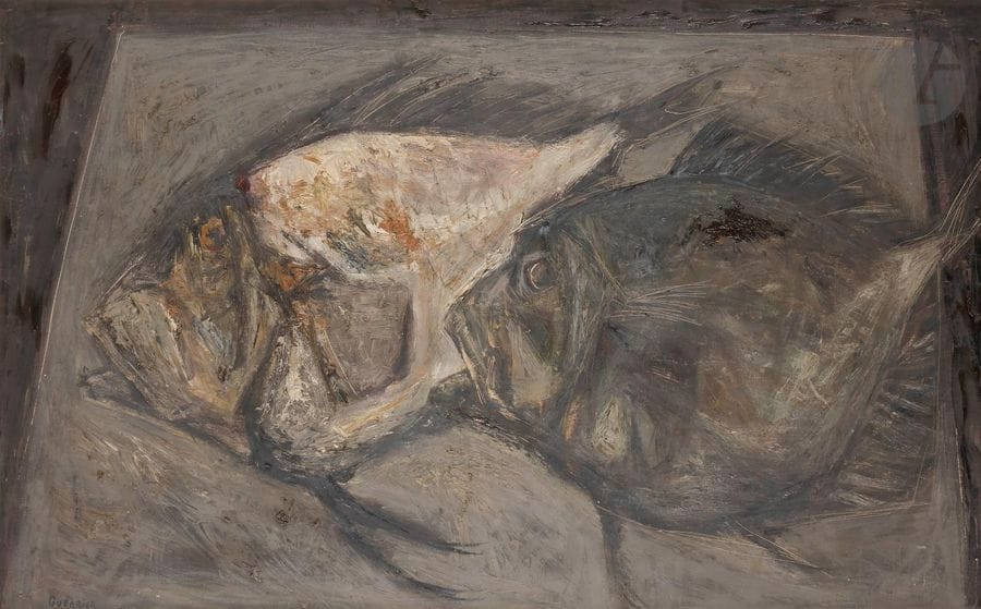 Raymond GUERRIER (1920-2002)
Les Deux poissons, 1954
Huile sur toile.
Signée en bas à gauche.
73 x 116 cm

Provenance : 
Galerie Stiebel, Paris (fragment d’étiquette au dos).