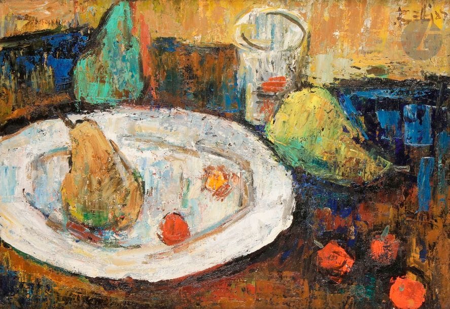 Richard BELLIAS (1921-1974)
Les Trois poires, 1954
Huile sur toile.
Signée en haut à droite.
Titrée au dos.
38 x 55 cm