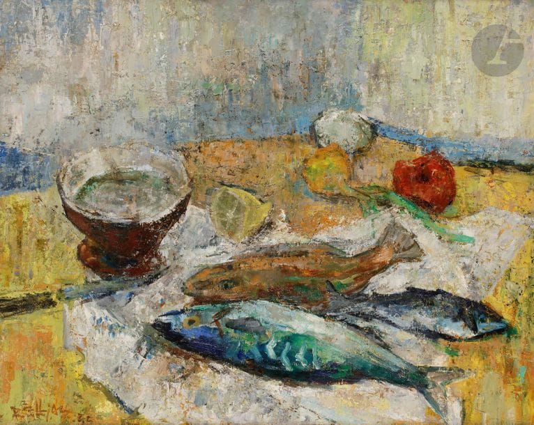 Richard BELLIAS (1921-1974)
Les Poissons, 1955
Huile sur toile.
Signée et datée en bas à gauche.
60 x 73 cm