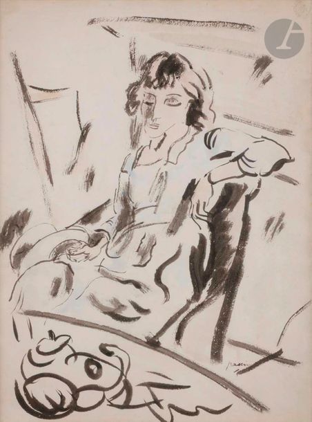 J. Pincas dit PASCIN (1885-1930)
Hermine David assise
Encre et aquarelle.
Porte le timbre de la signature en bas à droite.
36 x 27,5 cm

Nous remercions Madame Rosemarie Napolitano d'avoir confirmé l'authenticité de cette œuvre.