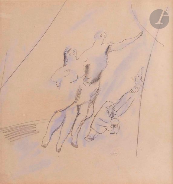 J. Pincas dit PASCIN (1885-1930)
Le Couple
Crayon noir et rehauts de pastel mauve.
Porte le timbre de l'atelier.
(Restauration).
42 x 39 cm

Nous remercions Madame Rosemarie Napolitano d'avoir confirmé l'authenticité de cette œuvre.