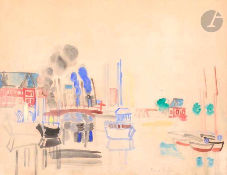 Raoul DUFY (1877-1953)
Bateaux dans le port de Deauville, vers 1923-24
Aquarelle.
Signée en bas à droite.
47,5 x 61,5 cm

L'œuvre sera reproduite dans le second supplément du Catalogue Raisonné de L'Œuvre peint de Raoul Dufy, actuellement en préparation par Madame Fanny Guillon-Laffaille.