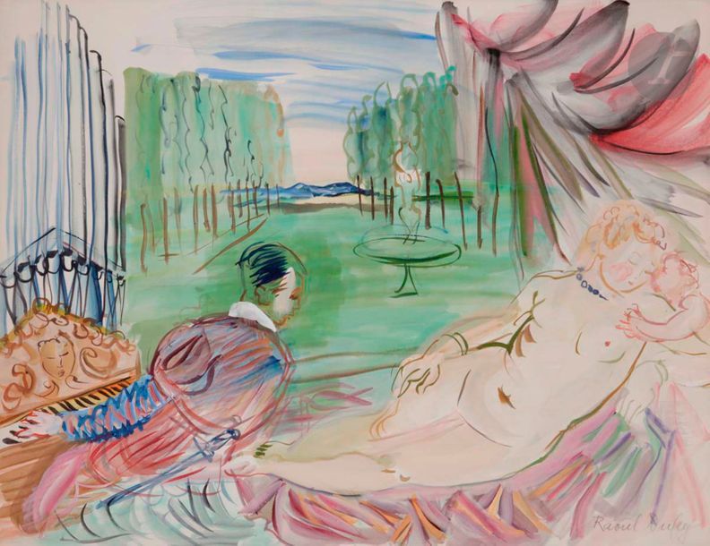 Raoul DUFY (1877-1953)
Vénus et le joueur d'orgue, 1949
Aquarelle et gouache.
Signée en bas à droite.
50 x 65 cm

Exposition : 
Raoul Dufy, Le Plaisir, Musée d'Art Moderne de la ville de Paris, 16 octobre 2008 - 11 janvier 2009.

Bibliographie : 
Fanny Guillon-Laffaille, Raoul Dufy, Catalogue Raisonné des aquarelles, gouaches et pastels, Tome II, Éditions Louis Carré & Cie, 1982, n° 1980, reproduit p. 338.