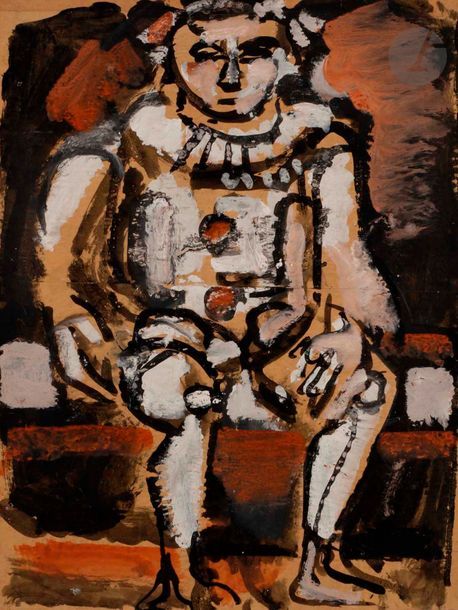 Georges ROUAULT (1871-1958)
Pierrot assis, 1929
Huile, encre et gouache sur papier contrecollé sur toile.
Porte le timbre de l'atelier au dos.
51 x 39 cm

Provenance : 
Famille de l'artiste. Par descendance.

Exposition : 
Georges Rouault, Galerie Tamenaga, Osaka, 2016-17, reproduit au catalogue p. 37.

Cette œuvre figure dans les archives Rouault sous le n° 3113.